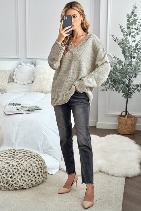 V Neck Drop Shoulder Knitted Sweater